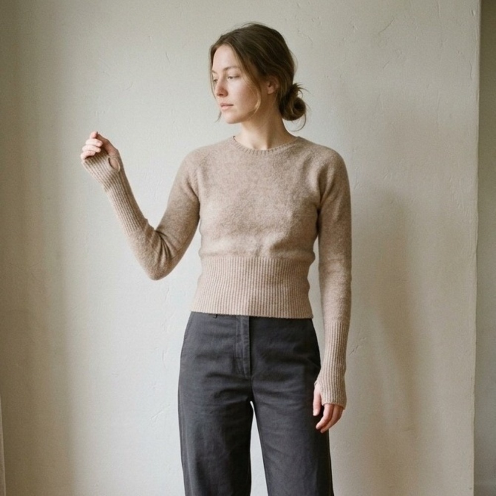 Lemaire Womens Sweater XS Tan Wool Ribbed Cropped Minimalist Quiet Luxury